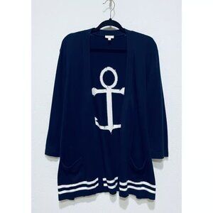 Talbots Cardigan Sweater Womens XL Navy Blue Anchor Open Front Nautical Beachy